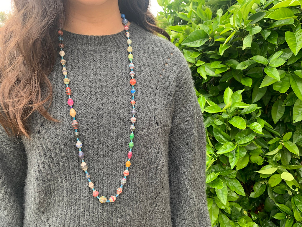 Paper Bead Necklace—Green & Black Small Beads, Medium Length