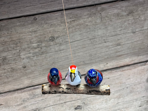 Wooden Birds Hanging - 3 on a Log