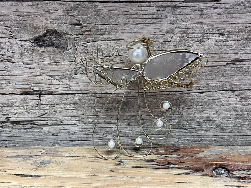 Ornament - Capiz Angel Harp w/ Pearl