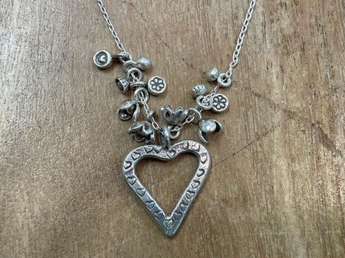 Necklace - silver heart w/ charms