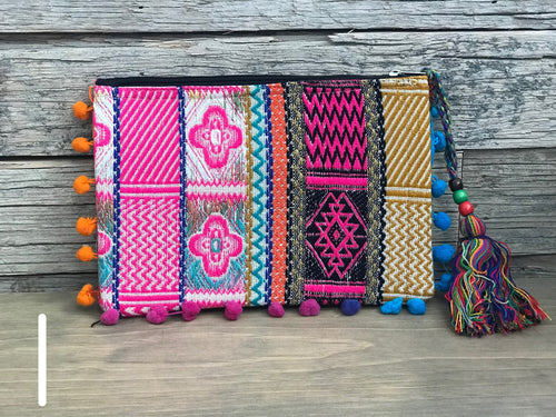 Clutch - woven tribal pompoms