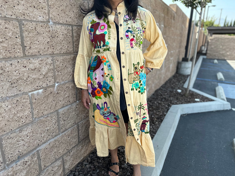 Button up Dress/Duster - Embroidered Scene ONE OF A KIND