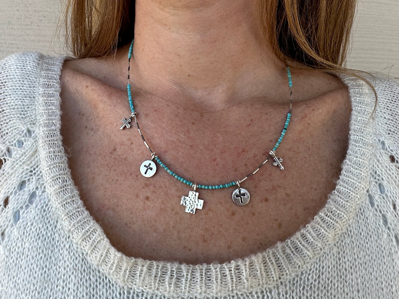 Necklace - turquoise w/ silver crosses