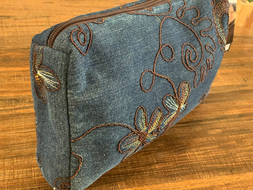 Cosmetic bag LG denim embroidered