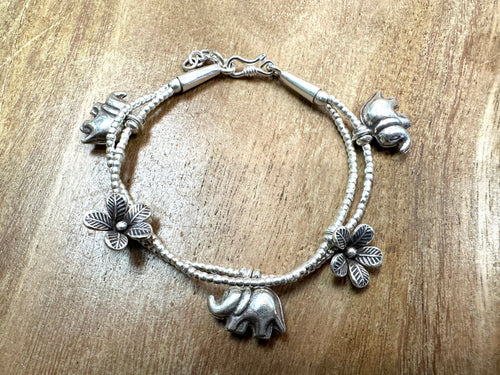 Silver Bracelet -  Elephant & Flower